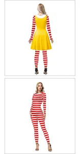 Women Halloween clown cosplay costume red yellow striped dress stage performance outfit