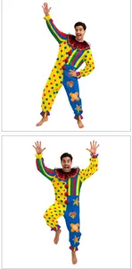 Halloween men's classic clown jumpsuit with colorful stripes, polka dots and playful patches.
