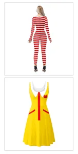 Detail view of Halloween cosplay costume, red white stripe bodysuit and yellow dress.
