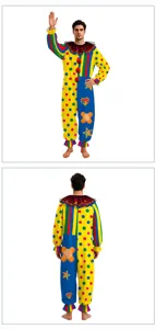 Detailed view of men's colorful clown jumpsuit featuring vibrant polka dots and stripes.
