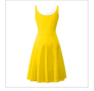 Yellow sleeveless dress detail featuring a scoop neck with white trim and flared skirt.
