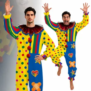 Men's Halloween Classic Clown Jumpsuit Colorful Stripes Polka Dots Pom Poms Cosplay Costume Party Outfit