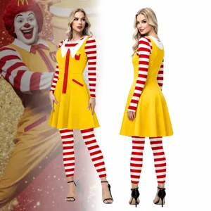 Costume di Halloween da Donna Abito a Righe Rosso Giallo Manica Lunga Top Leggings Set da Festa Spettacolo