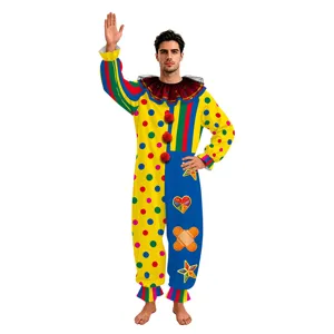 Men's classic clown jumpsuit costume with colorful stripes, polka dots and pom-poms for Halloween.