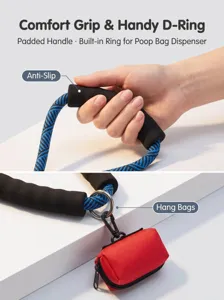 Dog leash with comfortable foam handle, anti-slip grip and built-in D-ring for hanging poop bag dispenser.