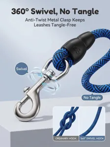 Durable dog leash with 360 degree swivel metal hook and anti tangle braided rope design.