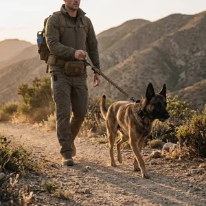 Vista detallada de correa y collar tácticos para perros al aire libre, elástico y resistente.