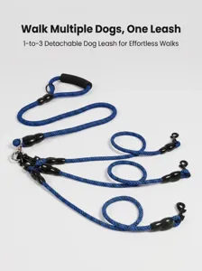 Detail shot of the 1-to-3 detachable blue braided dog leash for walking multiple pets easily.