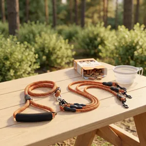 Detail view of anti-tangle multi-dog leash with black handle and metal clips for pets.