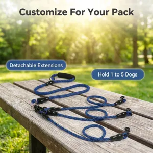 Multi-dog leash for up to 5 dogs with detachable extensions, durable blue braided nylon rope.