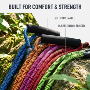 Close-up of durable braided nylon dog leash detail, featuring soft foam handle and vibrant colors.