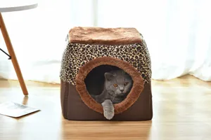 Gesloten luipaardprint kattenmand huis gezellige grot pluche kubus voor de koude winter