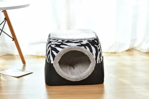 Pluche gesloten huisdiergrot bed met zebra patroon zacht kussen gezellig comfortabel voor katten honden