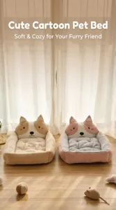 Cute cartoon pet bed details, soft plush material, cozy resting cushion for dogs and cats.