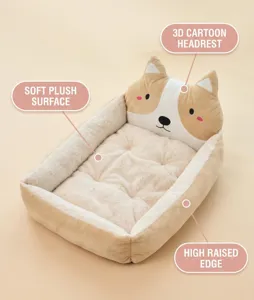 Cozy plush pet bed with 3d cartoon headrest and high raised edge for dogs and cats.