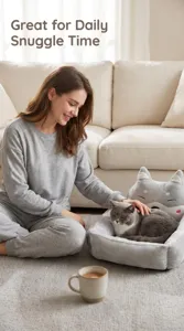 Cozy grey plush pet bed with cute animal ears design, comfortable for cat and dog daily resting.