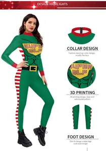 Weihnachten Elf Druck Damen Body enganliegend Langarm 3D Muskel Kostüm Jumpsuit