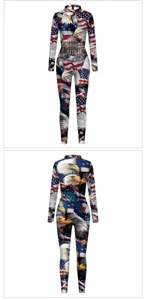 Detailed view of the American flag and bald eagle printed long sleeve tight adult bodysuit.