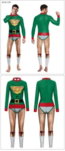 Costume de lutin de Noël musclé imprimé, combinaison à manches longues pour fête.