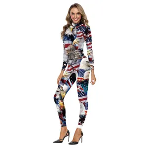 Women American Flag Eagle Print Long Sleeve Jumpsuit Bodysuit Sexy Slim Romper Outfit