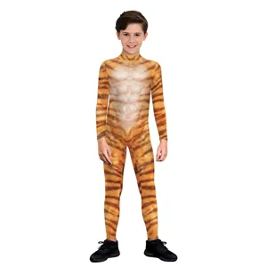 Kids tiger animal cosplay jumpsuit with digital print muscle chest for Halloween party wear.