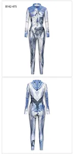Women's blue geometric shattered mirror print long sleeve bodysuit performance jumpsuit