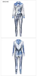 Close-up detail view of the abstract broken mirror geometric printed long sleeve jumpsuit.
