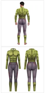 Detailed view of the 3D green muscle print cosplay jumpsuit, showing front and back textures clearly.