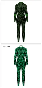 Green line print long sleeve jumpsuit stretch bodysuit performance costume activewear