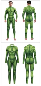 3D Green Muscle Print Cosplay Jumpsuit Detail View Showing Front And Back Design For Party.