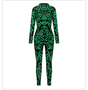 Women's green and black abstract printed long sleeve mock neck tight jumpsuit bodysuit.