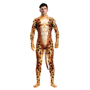 Tuta intera cosplay con stampa leopardo 3D, muscoli finti e coda per feste spettacolo.