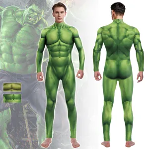 Green 3D muscle print cosplay bodysuit, movie character spandex jumpsuit for party performance.