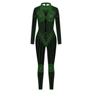 Cyberpunk Green Neon Line Printed Bodysuit Futuristic Sci-Fi Long Sleeve Party Jumpsuit