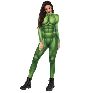 Green 3d muscle print jumpsuit cosplay costume for adult hero party stage performance outfits