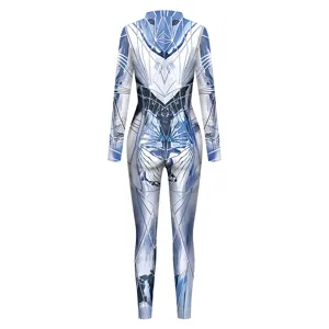 Women geometric cracked mirror print long sleeve bodysuit slim fit performance jumpsuit