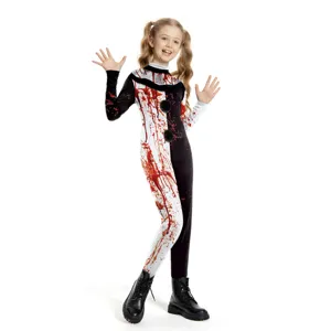 Halloween scary clown cosplay costume kids black white split jumpsuit with blood print party outfit
