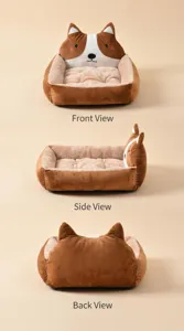 Detail shot of the cute cartoon dog pet bed showing plush texture, cute ears and soft cushion.