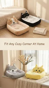Close-up view of cute cartoon pet bed detail, soft plush fabric and cozy design for pets.