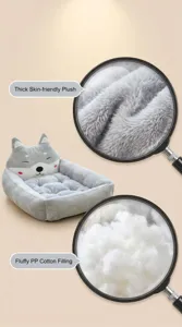 Grey cartoon wolf plush pet bed with thick skin-friendly fabric and fluffy PP cotton filling.