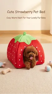 Cute strawberry pet bed for cats and dogs, cozy warm plush house cave for small furry babies.