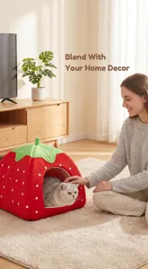 Cute strawberry pet bed tent for cats and dogs, soft and cozy indoor house for pets.
