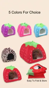 Cute strawberry pet bed for cats and small dogs, folding puppy tent house, warm winter pet supplies.