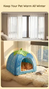 Cute blue strawberry cat bed yurt cave tent for small pets cozy warm sleeping house winter use.