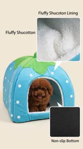 Cute strawberry pet bed for dogs and cats with soft fluffy lining and non-slip bottom.