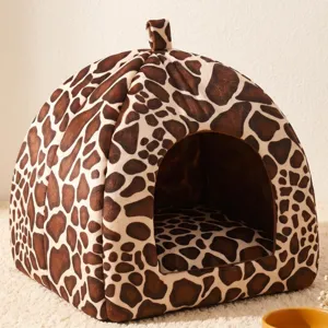 Cozy plush pet tent with animal print, soft cushion for cats and dogs, warm yurt bed.