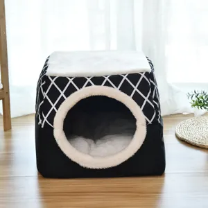 Gesloten pluche huisdierbed, zwart-wit geruite grotwoning voor katten en honden warm.