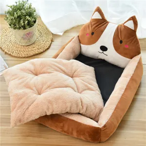 Cute cartoon dog bed with soft plush cushion, comfortable pet sleeping nest for cats.