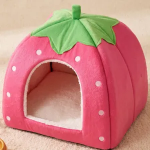 Cute strawberry shaped pet house detail, cozy soft plush cat and dog bed for all seasons.