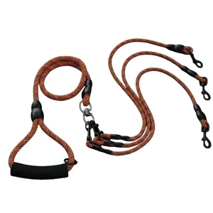 Multi-dog leash splitter with comfortable foam handle and durable metal clasps for pets.